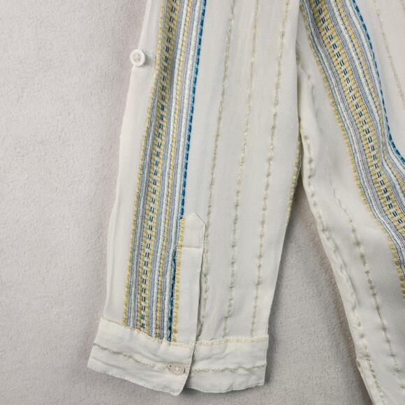 Elan Striped Button Up Shirt Women M Cream Blue Gold Metallic Made in India EUC - Picture 7 of 15